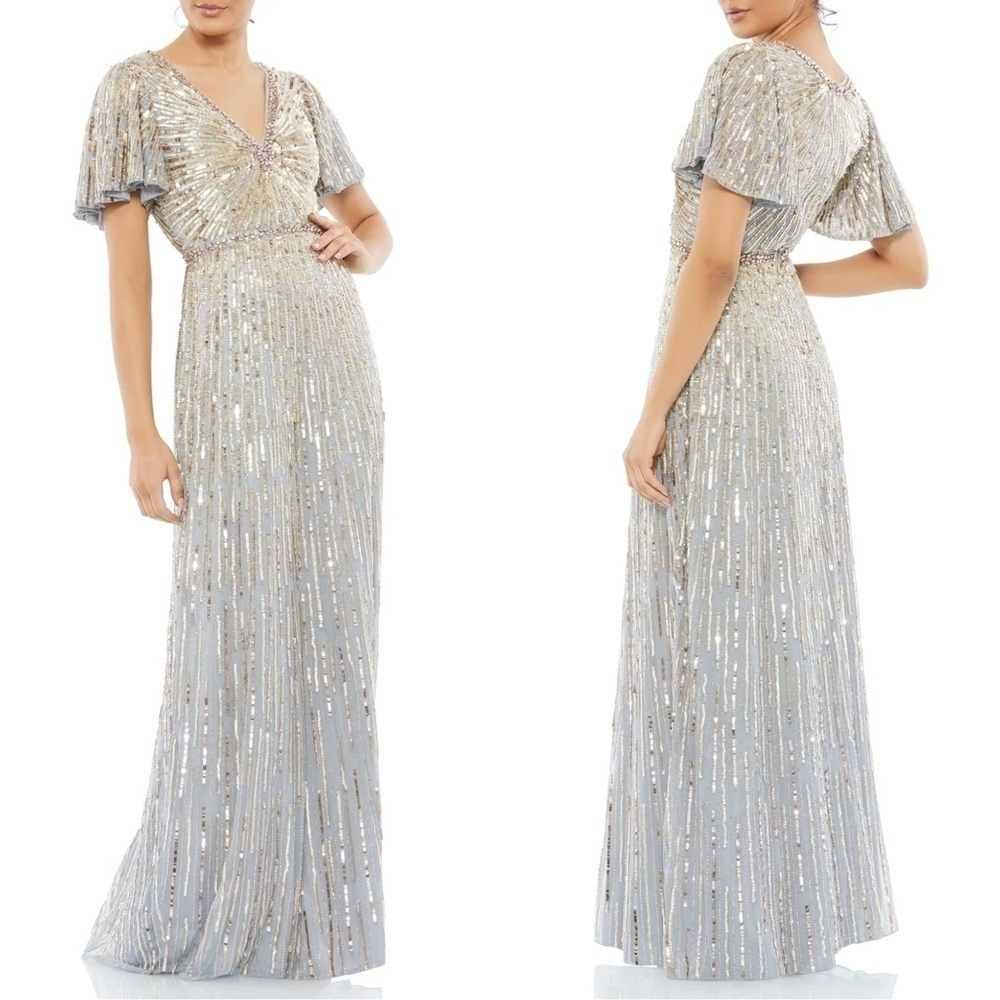 NWT Mac Duggal Fully Embellished V Neck Butterfly Flutter Sleeve Column Gown 14
